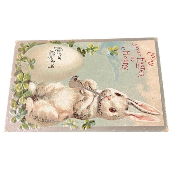 Vtg 1918 Postcard Anthropomorphic Easter Bunny Playing Horn Egg Clover Embossed - Picture 3 of 9